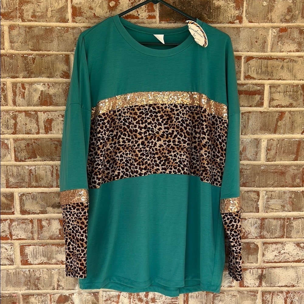 Sunshine & Rideo Teal Leopard Print Sequin Long‎ Sleeve Top